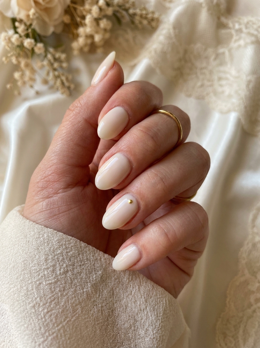 Ivory Nails with Tiny Gold Detail als Fall Wedding Nails Inspiration 2026